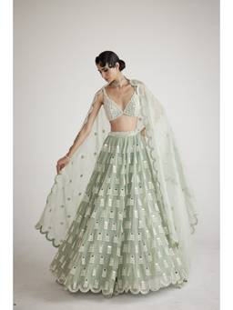 Vvani by Vani Vats - Chandelier Drop Green Blouse with Lehenga and Dupatta