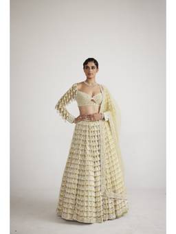 Vvani by Vani Vats - Chandelier Pearl Drop Heavy Green Blouse with Lehenga and Dupatta