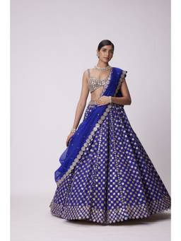 Vvani by Vani Vats - Flower Embroidered Blue Blouse with Lehenga and Dupatta