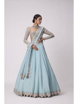 Vvani by Vani Vats - Organza Mirror Embroidered Blue Blouse with Lehenga and Dupatta