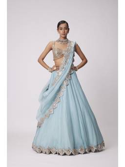 Vvani by Vani Vats - Organza Hand Embroidered Blue Blouse with Lehenga and Dupatta