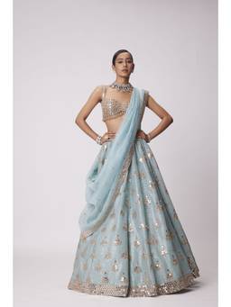 Vvani by Vani Vats - Organza Sequin Embroidered Blue Blouse with Lehenga and Dupatta