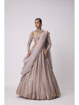 Vvani by Vani Vats - Flower Embroidered Pink Blouse with Lehenga and Dupatta