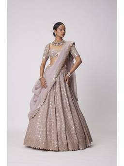 Vvani by Vani Vats - Mirror Flower Embroidered Pink Blouse with Lehenga and Dupatta
