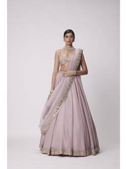 Vvani by Vani Vats - Mirror Hand Embroidered Pink Blouse with Lehenga and Dupatta