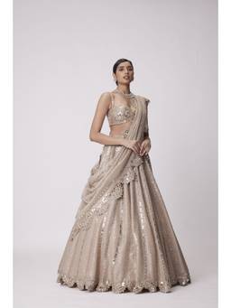 Vvani by Vani Vats - Sequin Embroidered Beige Blouse with Lehenga and Dupatta