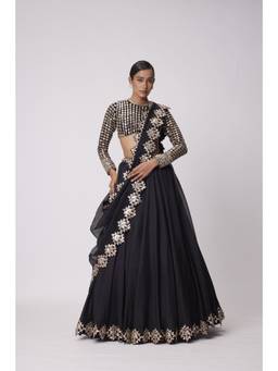 Vvani by Vani Vats - Organza Mirror Embroidered Black Blouse with Lehenga and Dupatta