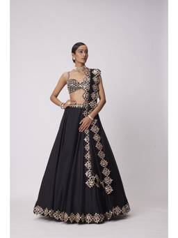 Vvani by Vani Vats - Organza Hand Embroidered Black Blouse with Lehenga and Dupatta