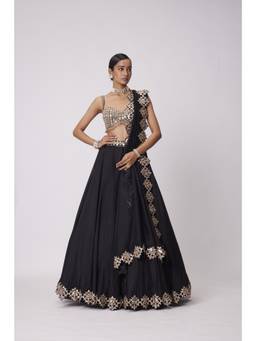 Vvani by Vani Vats - Organza Black Blouse with Lehenga and Dupatta