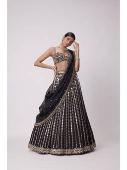 Vvani by Vani Vats - Linear Mirror Embroidered Black Blouse with Lehenga and Dupatta