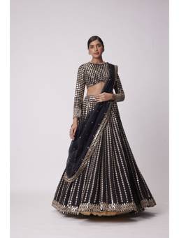 Vvani by Vani Vats - Linear Mirror Embroidered Organza Black Blouse with Lehenga and Dupatta