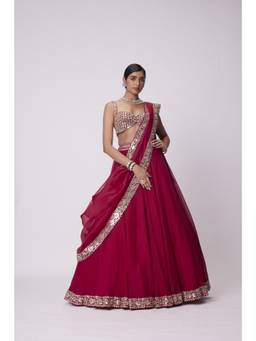 Vvani by Vani Vats - Organza Hand Embroidered Red Blouse with Lehenga and Dupatta