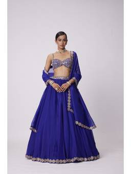 Vvani by Vani Vats - Linear Mirror Embroidered Blue Blouse with Lehenga and Dupatta