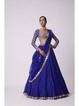 Vvani by Vani Vats - Hand Embroidered Blue Blouse with Lehenga and Dupatta