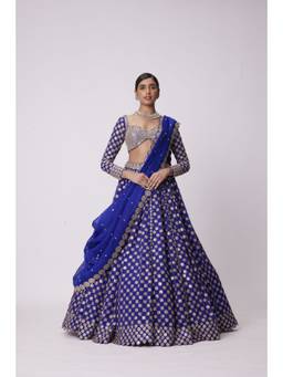 Vvani by Vani Vats - Mirror Flower Hand Embroidered Blue Blouse with Lehenga and Dupatta