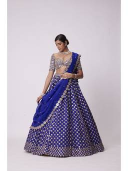 Vvani by Vani Vats - Mirror Flower Embroidered Blue Blouse with Lehenga and Dupatta