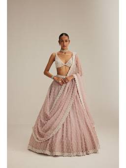Vvani by Vani Vats - Pearl Drop Organza Pink Bustier with Lehenga and Dupatta