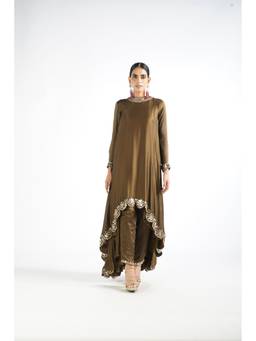 Vvani by Vani Vats - Olive Green Scallop Kurta with Pant and Lining