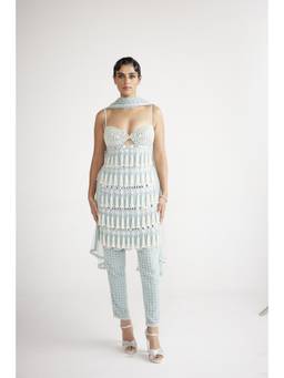 Vvani by Vani Vats - Powder Blue Chandelier Pearl Drop Kurta with Pant and Dupatta