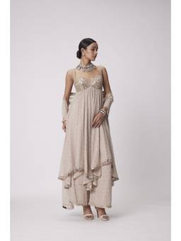 Vvani by Vani Vats - Light Beige High Low Kurta with Pant and Dupatta