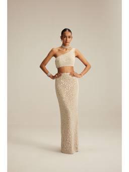 Vvani by Vani Vats - One Shoulder Pencil Beige Bustier with Skirt.