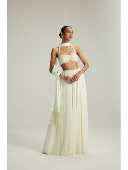 Vvani by Vani Vats - Halter Neck Off-White Bustier with Lehenga and Dupatta