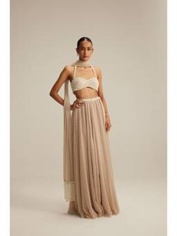 Vvani by Vani Vats - Halter Neck Beige Bustier with Skirt and Dupatta