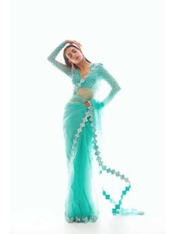 Vvani by Vani Vats - Biscay Green Organza Mirror Border Saree