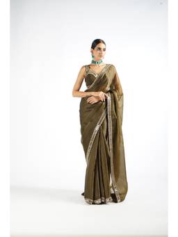 Vvani by Vani Vats - Olive Green Mirror Work Saree