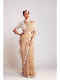 Vvani by Vani Vats - Beige V Neck Pre-Draped Saree