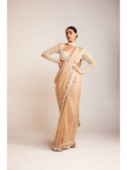 Vvani by Vani Vats - Beige Chandelier Drop Pre-Draped Saree