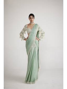 Vvani by Vani Vats - Powder Mint Green Chandelier Drop Saree