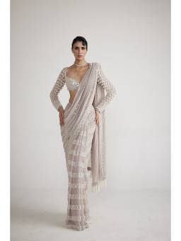 Vvani by Vani Vats - Ash Pink Chandelier Pearl Drop Saree