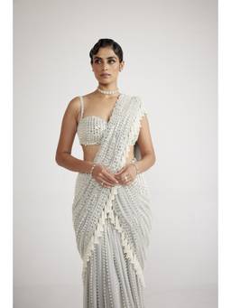 Vvani by Vani Vats - Powder Grey Chandelier Pearl Drop Saree