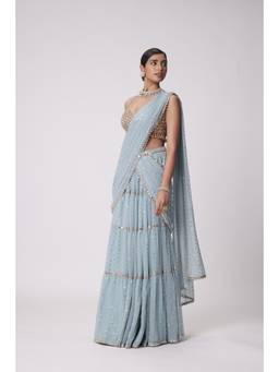 Vvani by Vani Vats - Powder Blue Multi Tier Saree