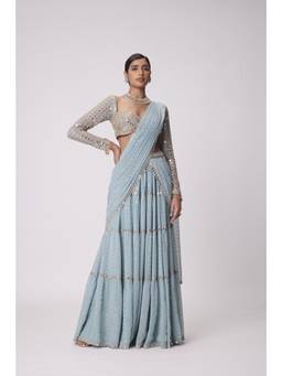 Vvani by Vani Vats - Powder Blue Multi Tier Hand Embroidered Saree