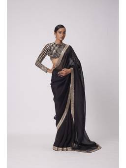 Vvani by Vani Vats - Black Hand Embroidered Organza Saree