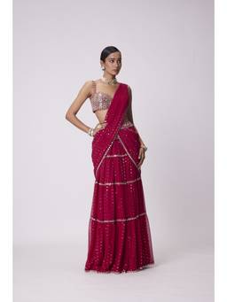 Vvani by Vani Vats - Crimson Red Multi- Tier Sequin Embroidered Saree