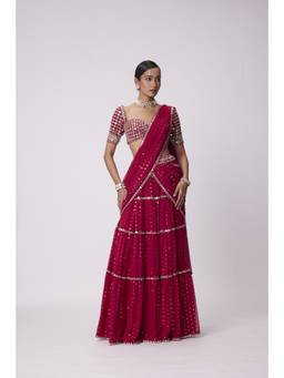 Vvani by Vani Vats - Crimson Red Multi- Tier Saree
