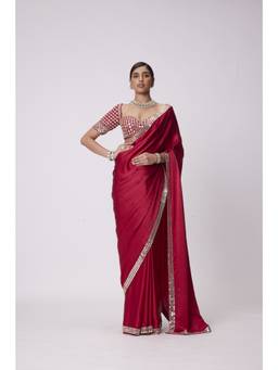 Vvani by Vani Vats - Crimson Red Satin Mirror Embroidered Saree