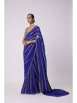 Vvani by Vani Vats - Persian Blue Linear Embroidery Georgette Saree