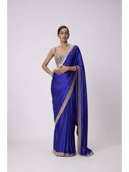 Vvani by Vani Vats - Persian Blue Hand Embroidered Satin Saree