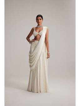Vvani by Vani Vats - Off White Pearl And Mirror Embroidered Satin Draped Saree