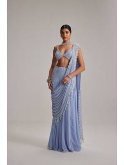 Vvani by Vani Vats - Dew Blue Linear Mirror And Pearl Embroidered Draped Saree