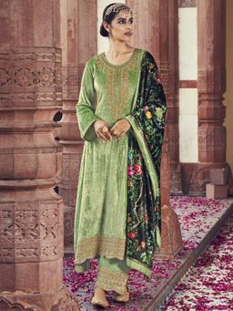 Stylee LIFESTYLE - Green Velvet Embroidered Dress Material