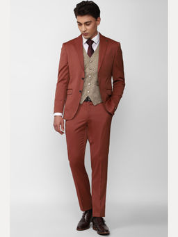 Peter England - Men Red Solid Slim Fit Wedding Suit (Set of 3)