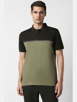Van Heusen - Men Green Colorblock Collar Neck Polo T-Shirt