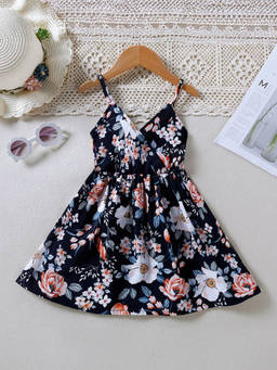 Hopscotch - Girls Navy Floral Print Sleeveless Casual Dress
