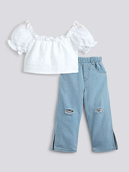 Hopscotch - Girls White Solid Top & Jeans Set