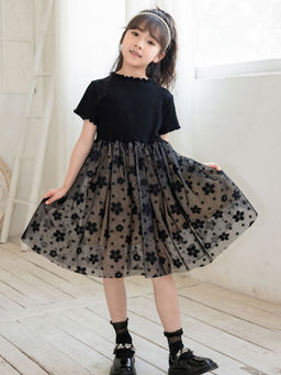 Hopscotch - Girls Black & Grey Floral Print Casual Dress